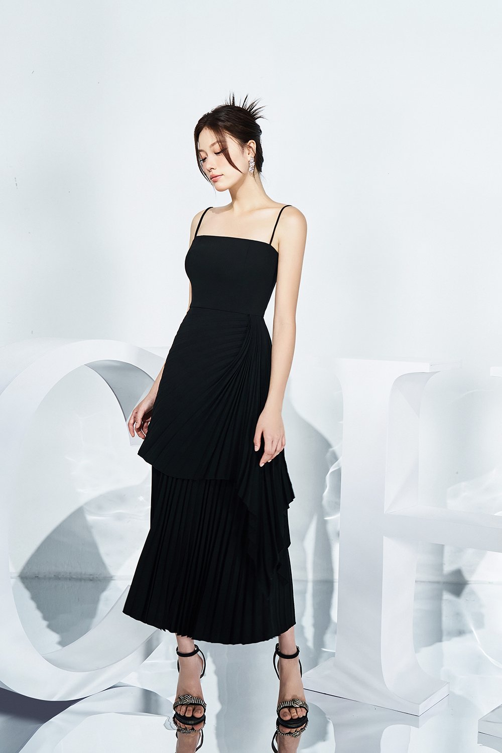 Emaline Pleated Layered Midi Dress in Classic Black