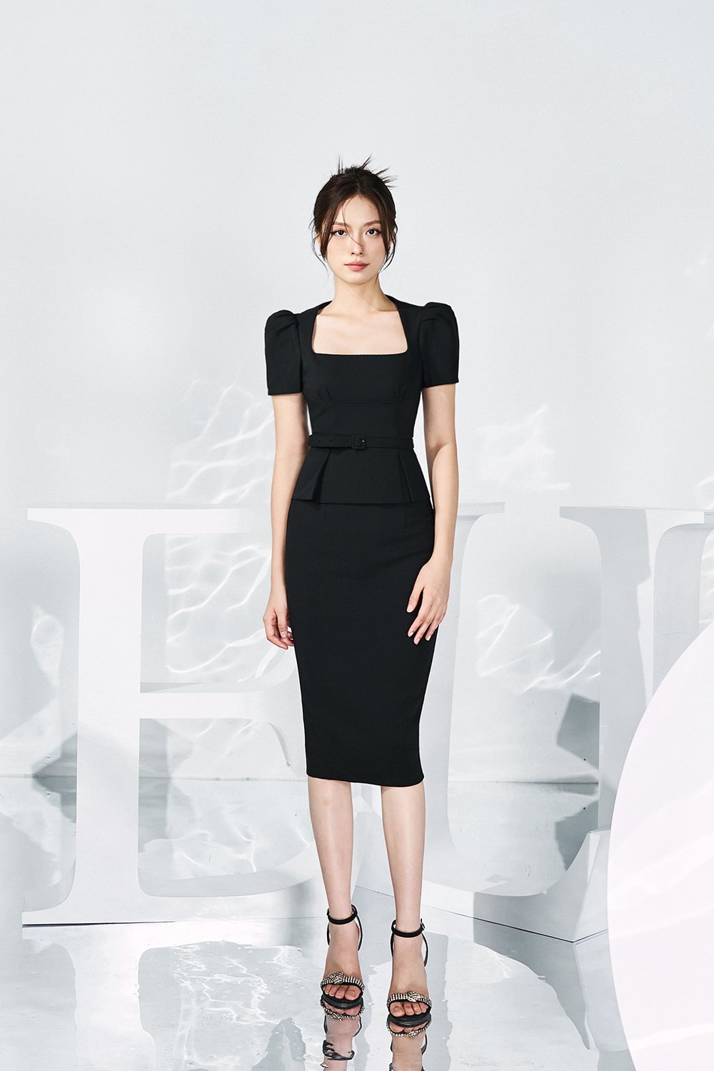 Ellis Peplum Pencil Dress in Classic Black