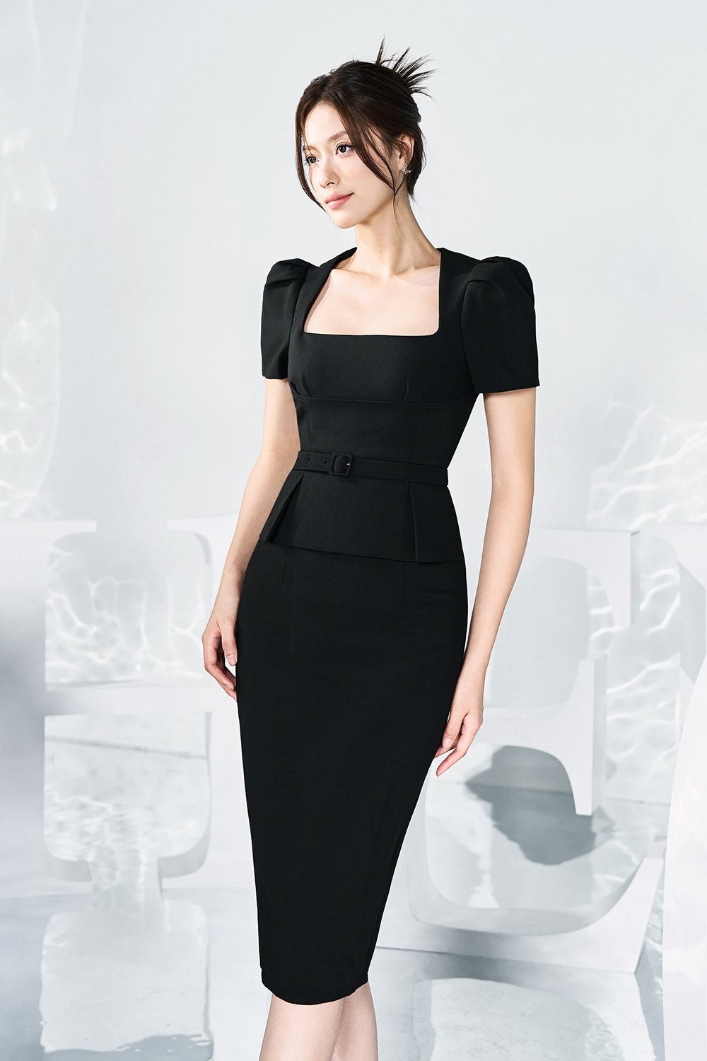 Ellis Peplum Pencil Dress in Classic Black