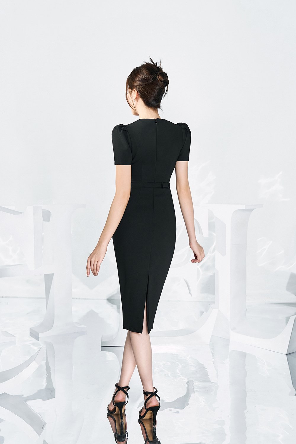 Ellis Peplum Pencil Dress in Classic Black