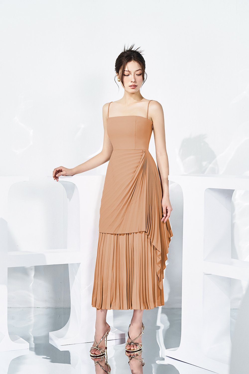 Emaline Pleated Layered Midi Dress in Amber Sand