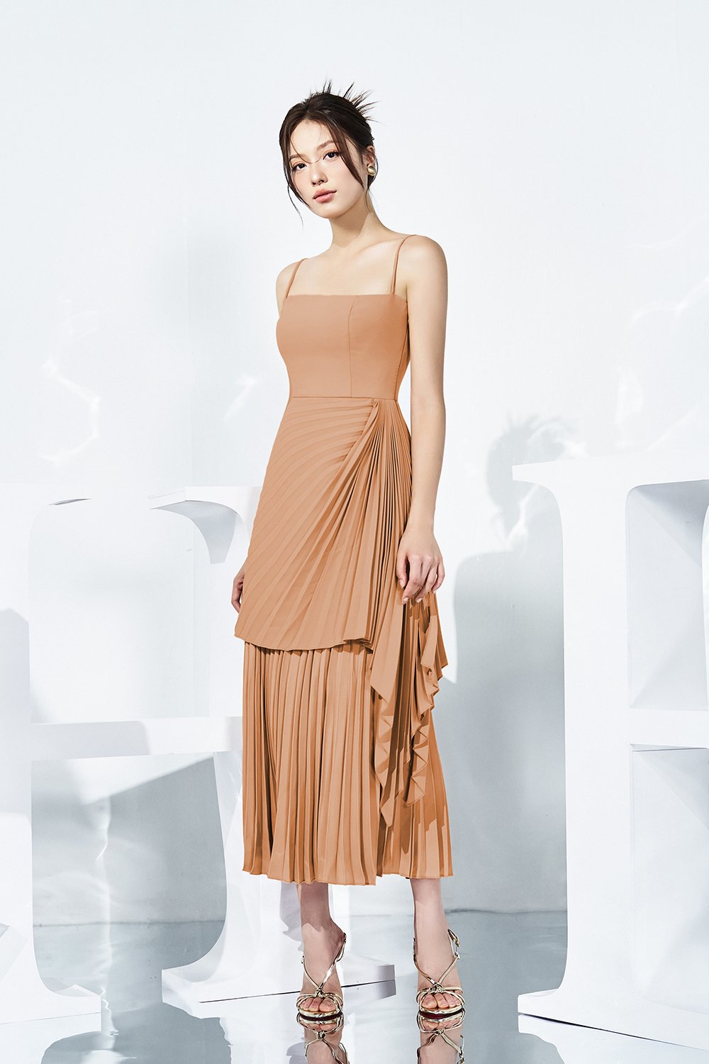 Emaline Pleated Layered Midi Dress in Amber Sand