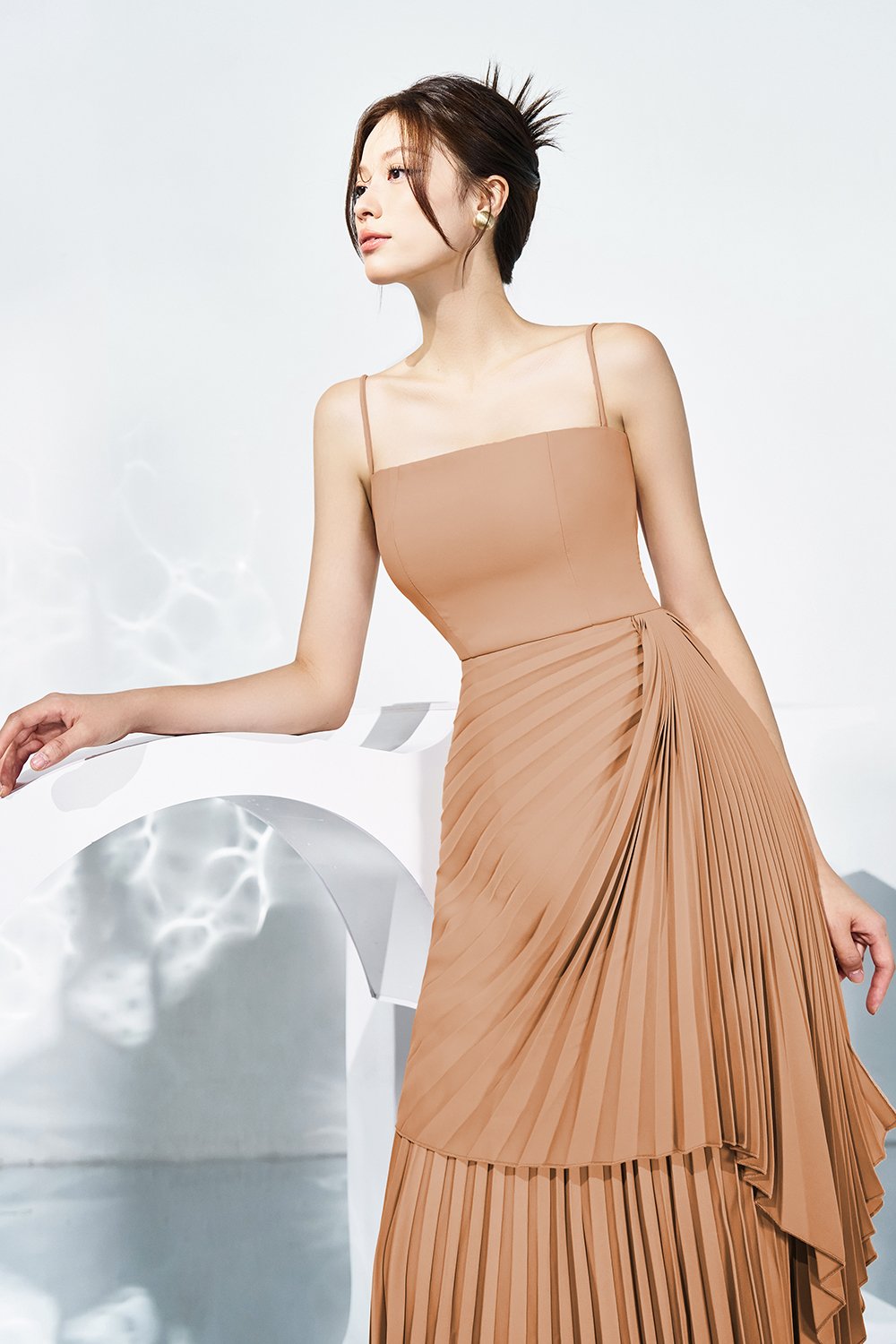 Emaline Pleated Layered Midi Dress in Amber Sand