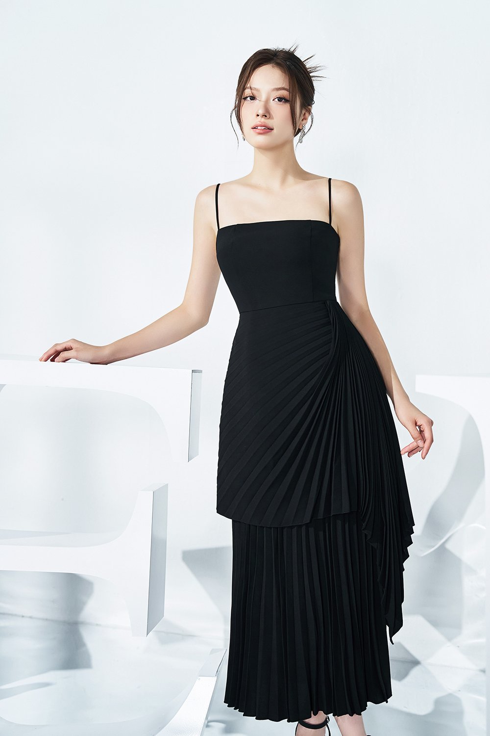 Emaline Pleated Layered Midi Dress in Classic Black