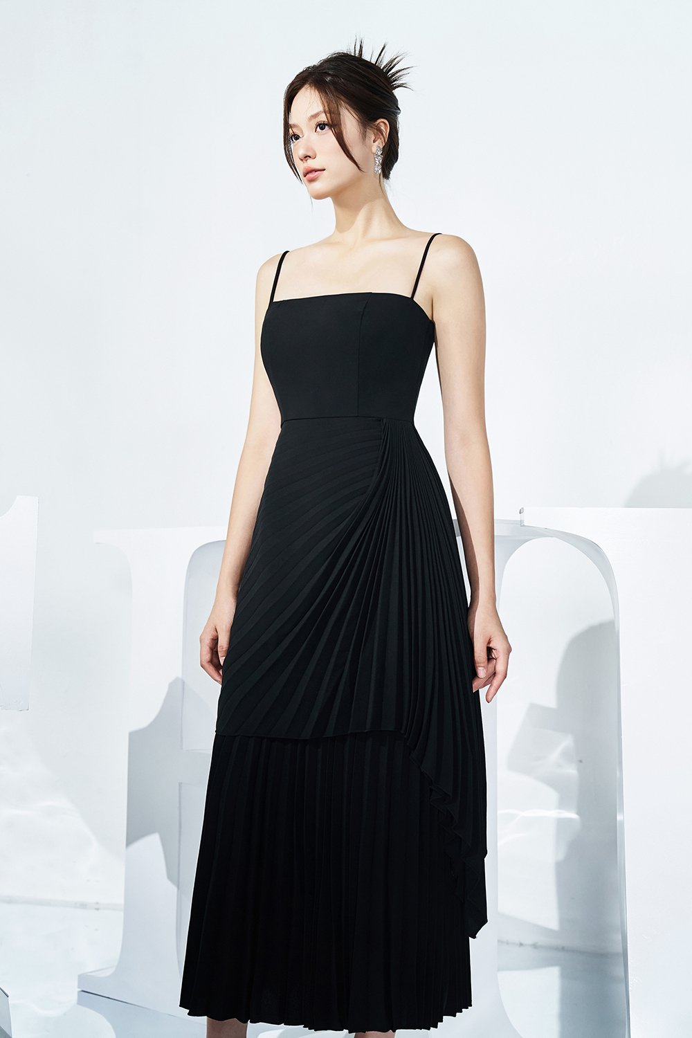 Emaline Pleated Layered Midi Dress in Classic Black