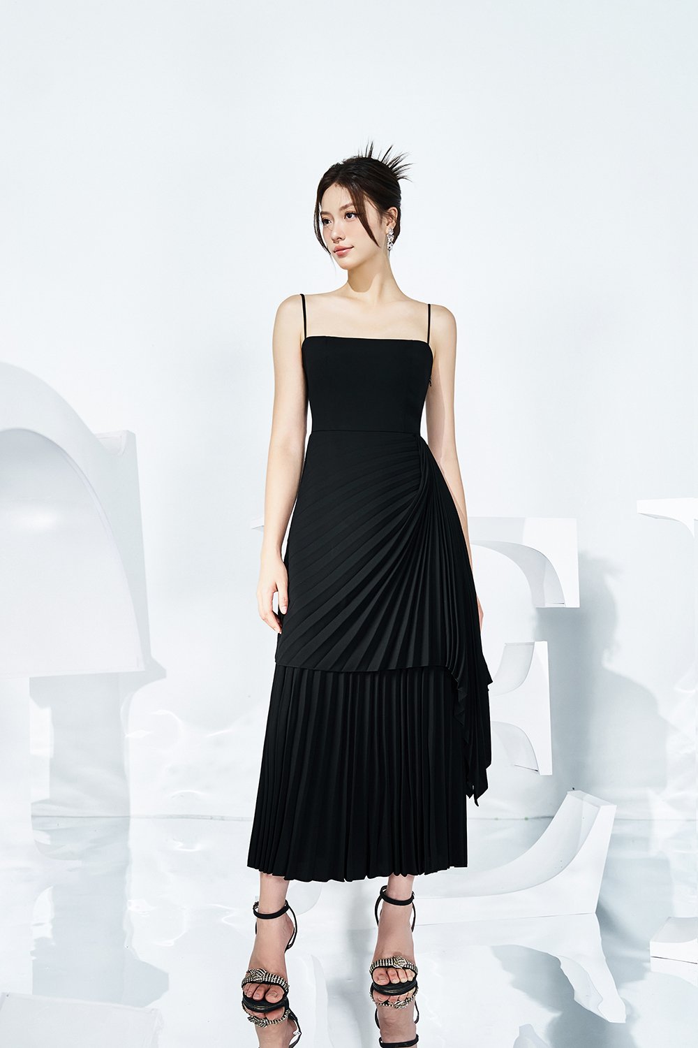 Emaline Pleated Layered Midi Dress in Classic Black