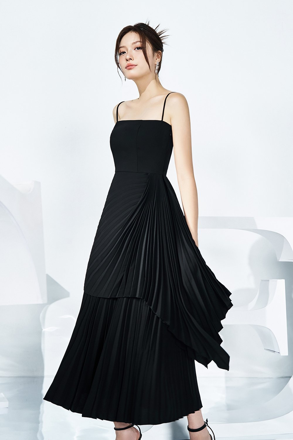 Emaline Pleated Layered Midi Dress in Classic Black