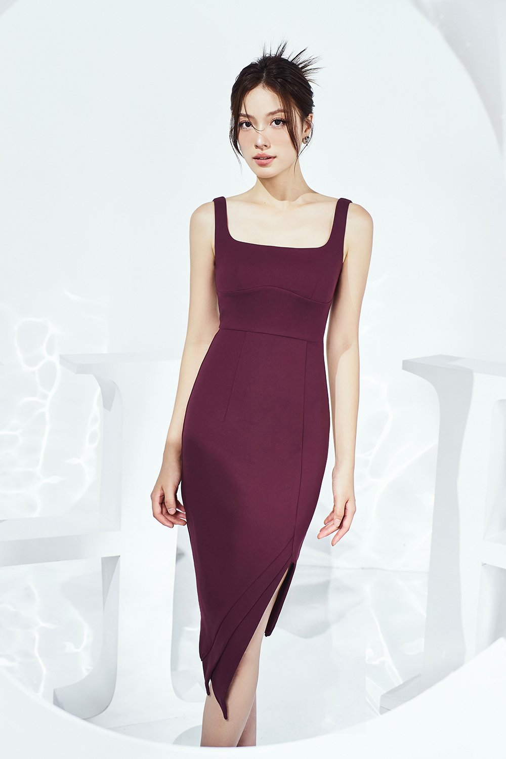 Kimora Asymmetrical Pencil Dress in Wine Red