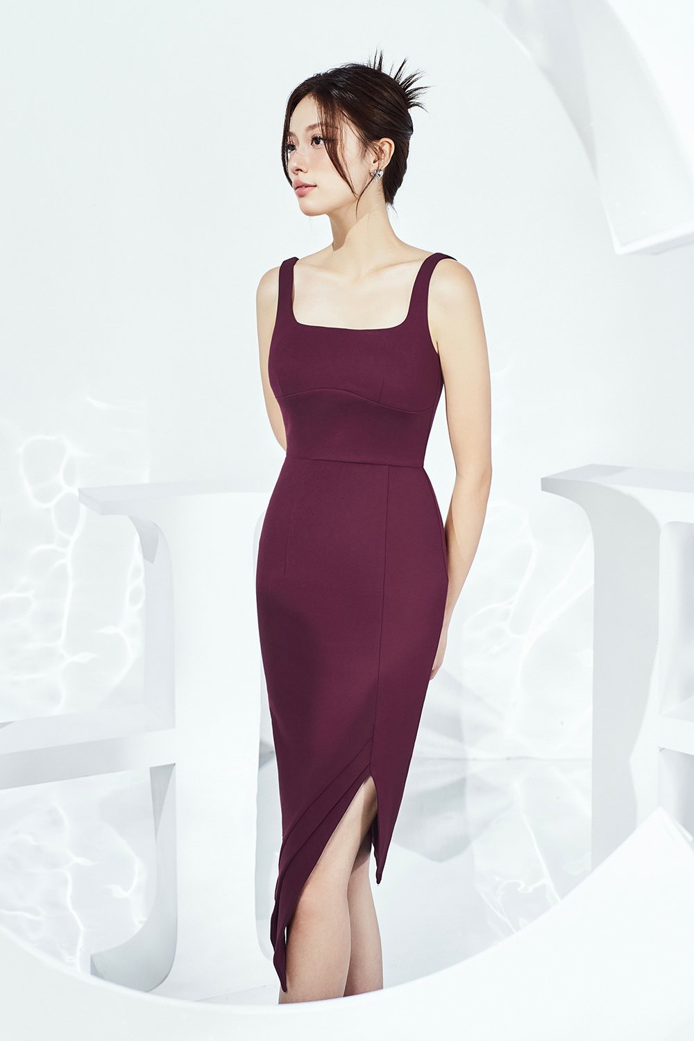 Kimora Asymmetrical Pencil Dress in Wine Red