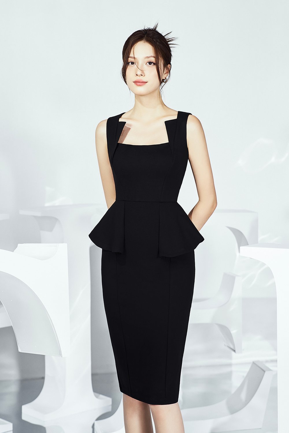 Kinley Sleek Peplum Pencil Dress in Classic Black