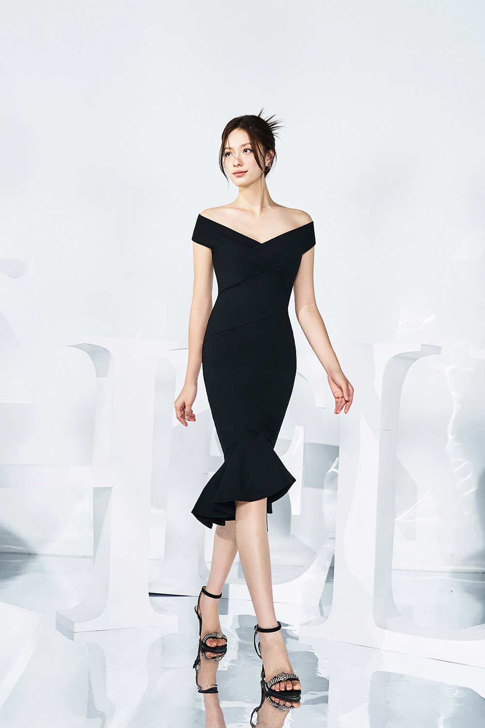 Naia Crossover Mermaid Pencil Dress in Classic Black