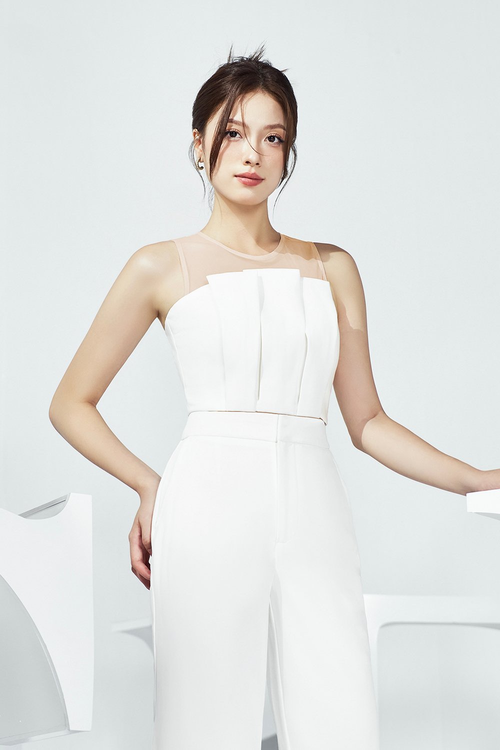 Simone Padded Pleated Cropped Top in Iconic White 2.0