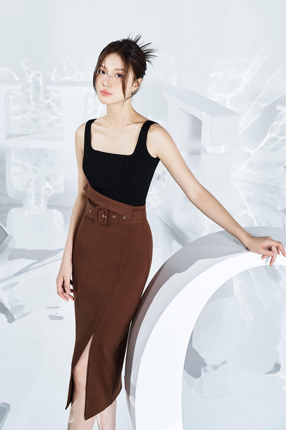 Tory Fold Over High Waist Pencil Skirt in Sepia Brown