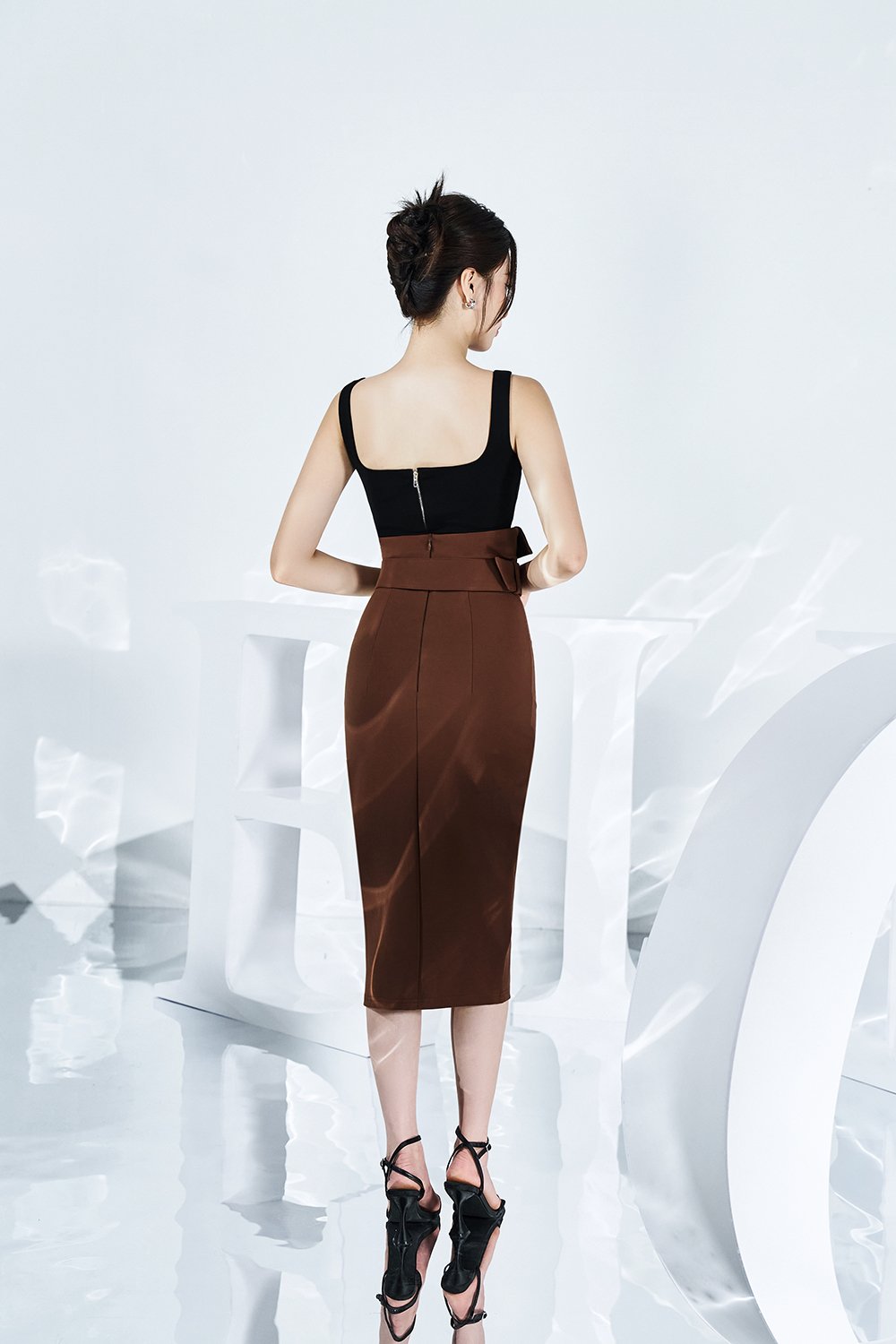 Tory Fold Over High Waist Pencil Skirt in Sepia Brown