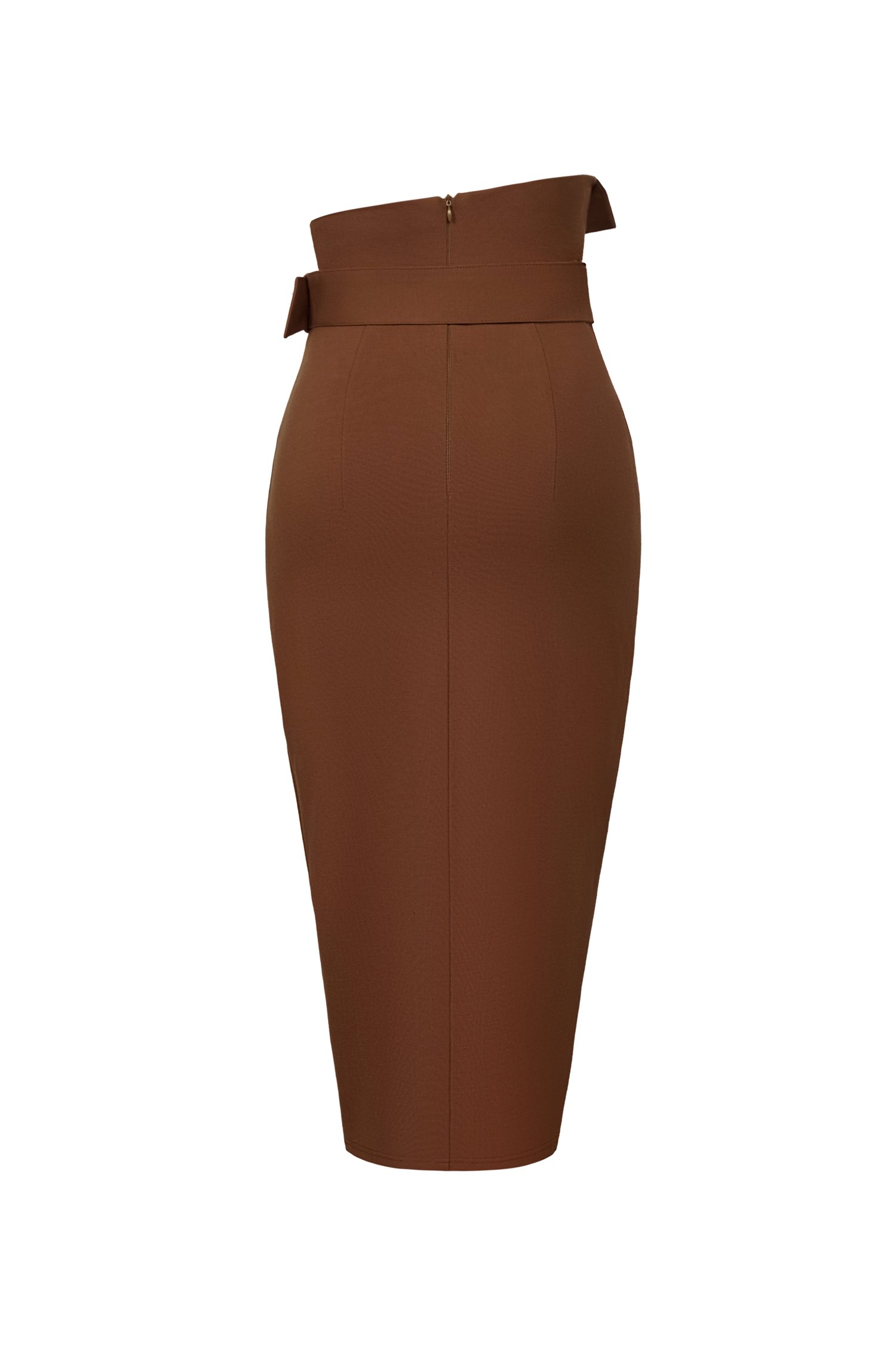 Tory Fold Over High Waist Pencil Skirt in Sepia Brown