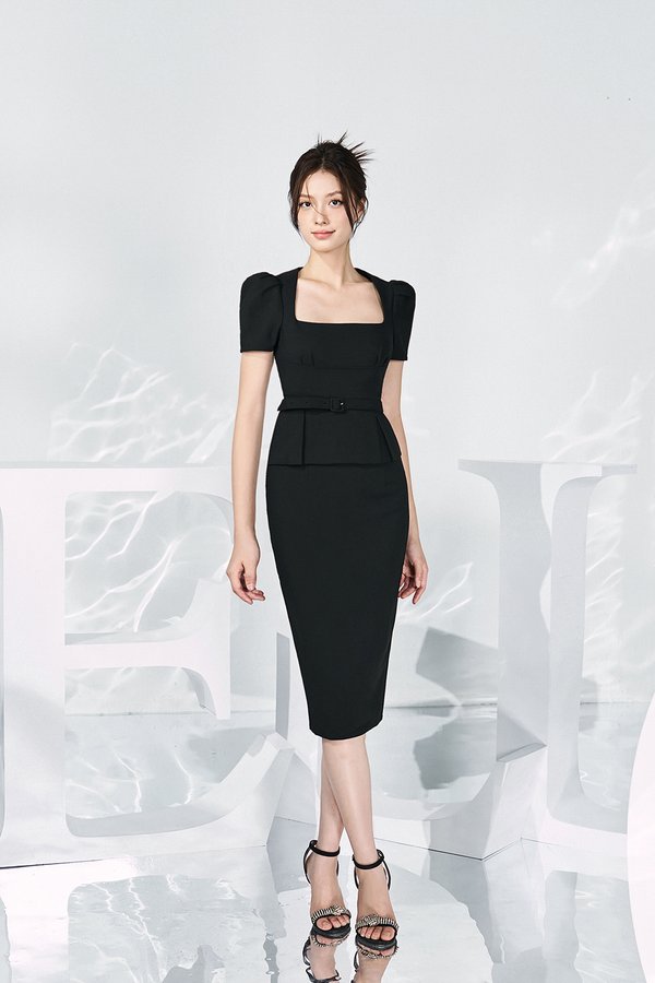 Ellis Peplum Pencil Dress in Classic Black