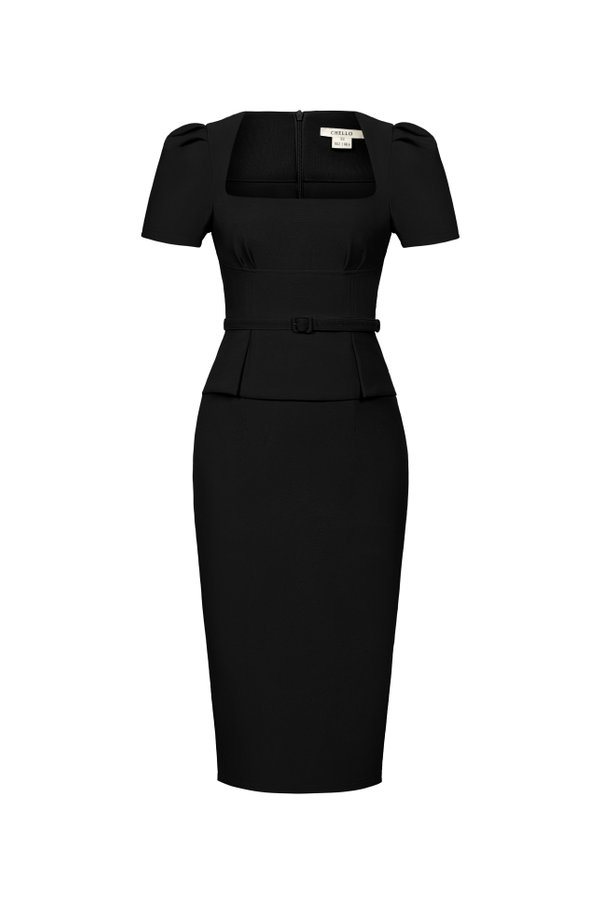 Ellis Peplum Pencil Dress in Classic Black