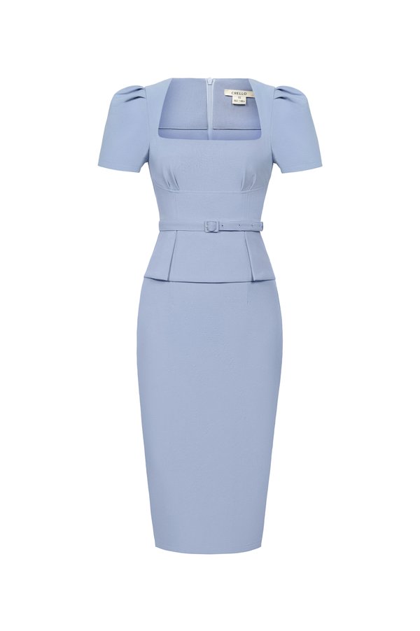 Ellis Peplum Pencil Dress in Dusty Blue