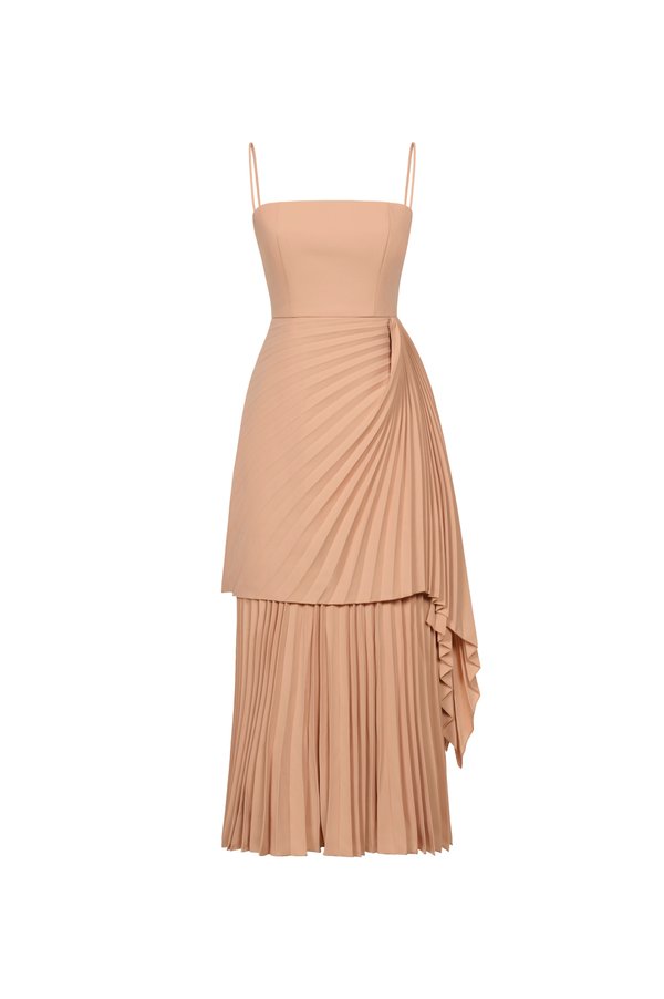 Emaline Pleated Layered Midi Dress in Amber Sand