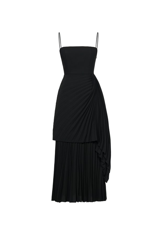 Emaline Pleated Layered Midi Dress in Classic Black