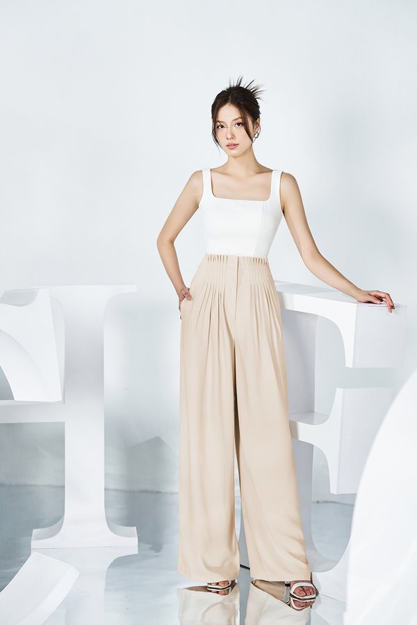 Kaiden Pleated Waist Straight Leg Pants in Cream