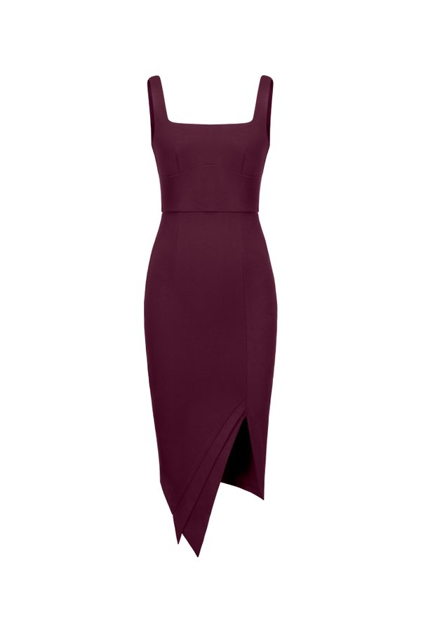 Kimora Asymmetrical Pencil Dress in Wine Red