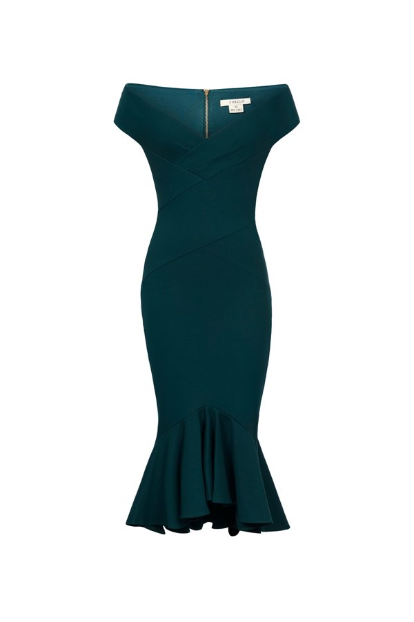 Naia Crossover Mermaid Pencil Dress in Emerald Green