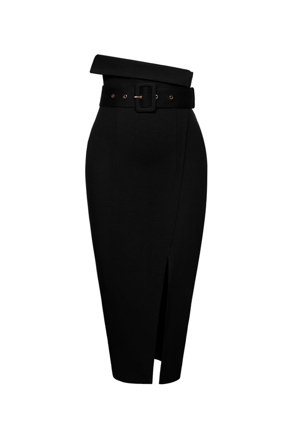 Tory Fold Over High Waist Pencil Skirt in Classic Black