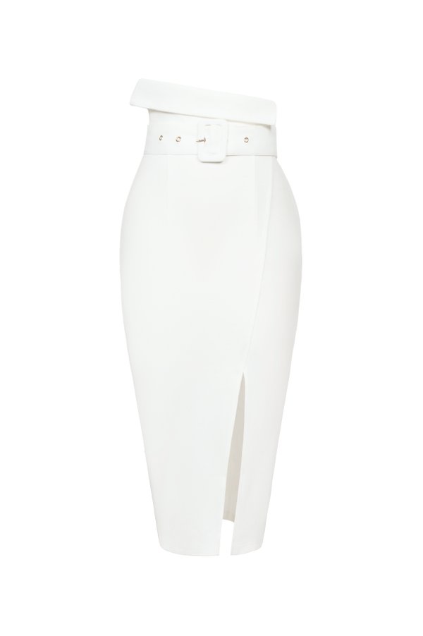 Tory Fold Over High Waist Pencil Skirt in Iconic White