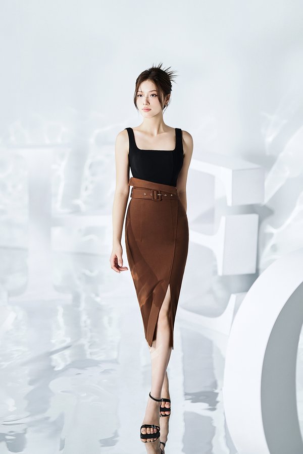 Tory Fold Over High Waist Pencil Skirt in Sepia Brown