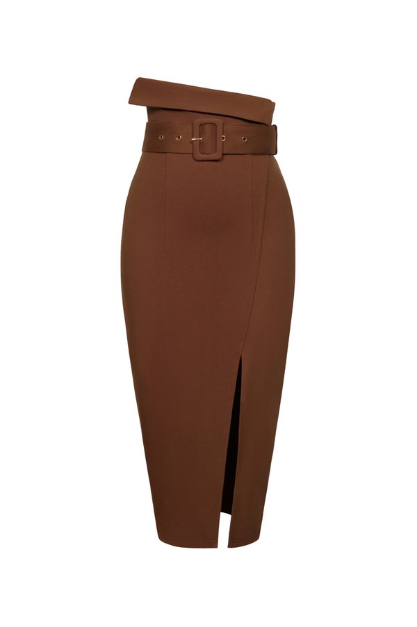 Tory Fold Over High Waist Pencil Skirt in Sepia Brown