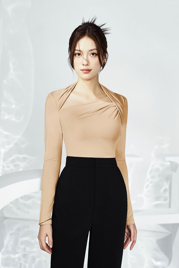 Tyra Asymmetrical Long Sleeves Top in Bisque