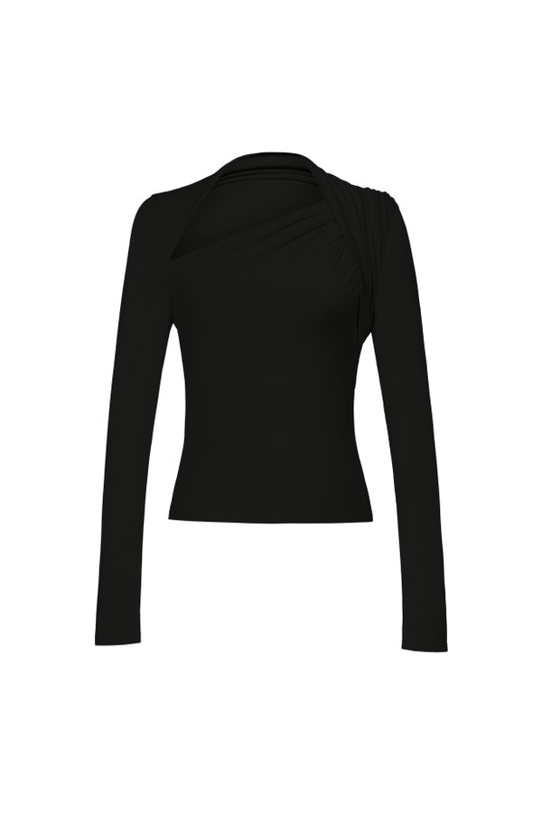 Tyra Asymmetrical Long Sleeves Top in Classic Black