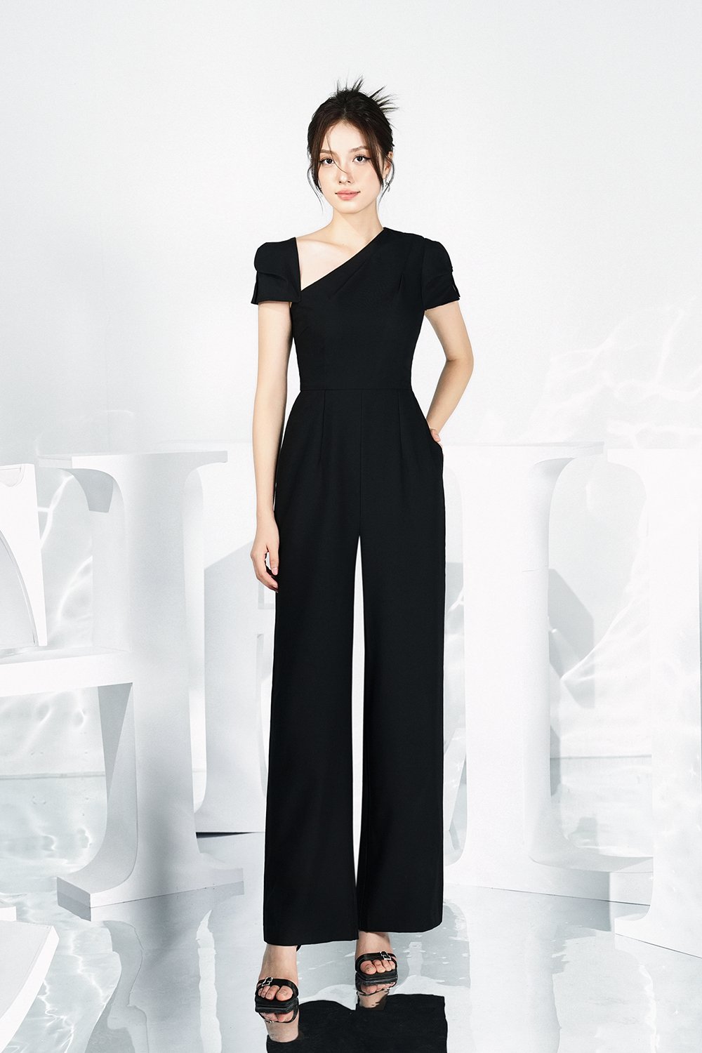 Huxley Asymmetrical Cap Sleeves Jumpsuit in Classic Black