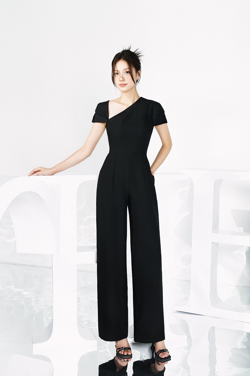 Huxley Asymmetrical Cap Sleeves Jumpsuit in Classic Black