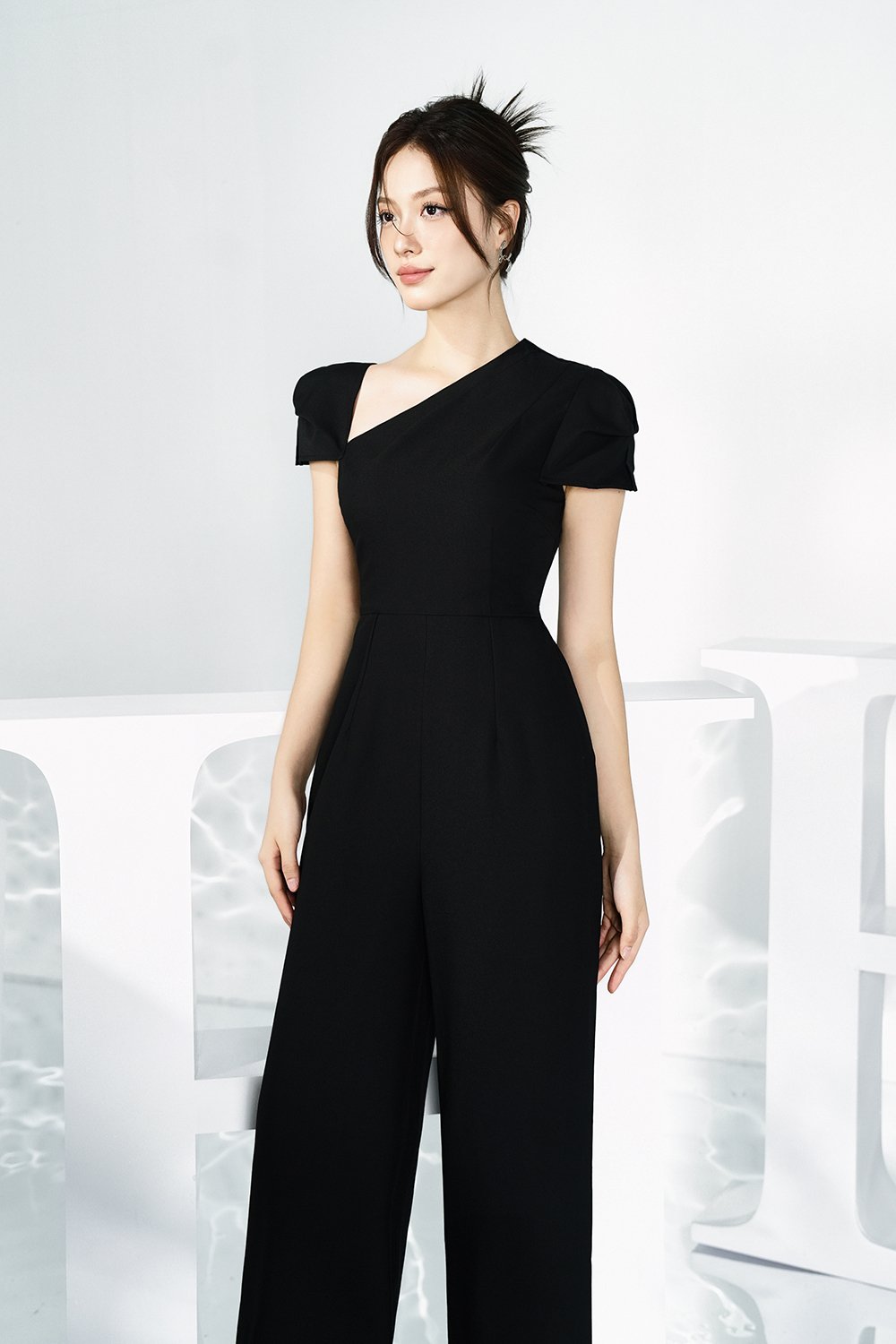 Huxley Asymmetrical Cap Sleeves Jumpsuit in Classic Black