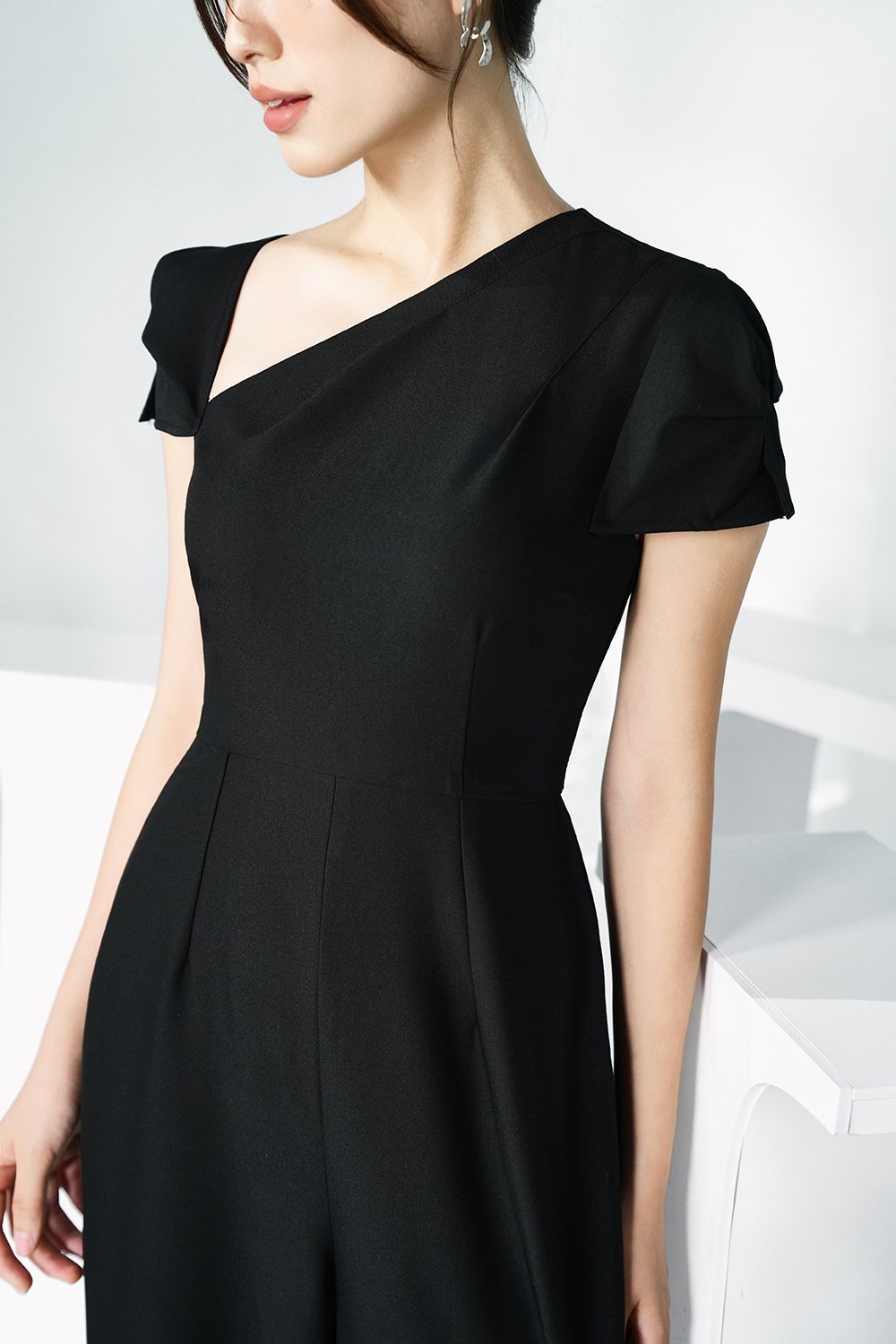 Huxley Asymmetrical Cap Sleeves Jumpsuit in Classic Black