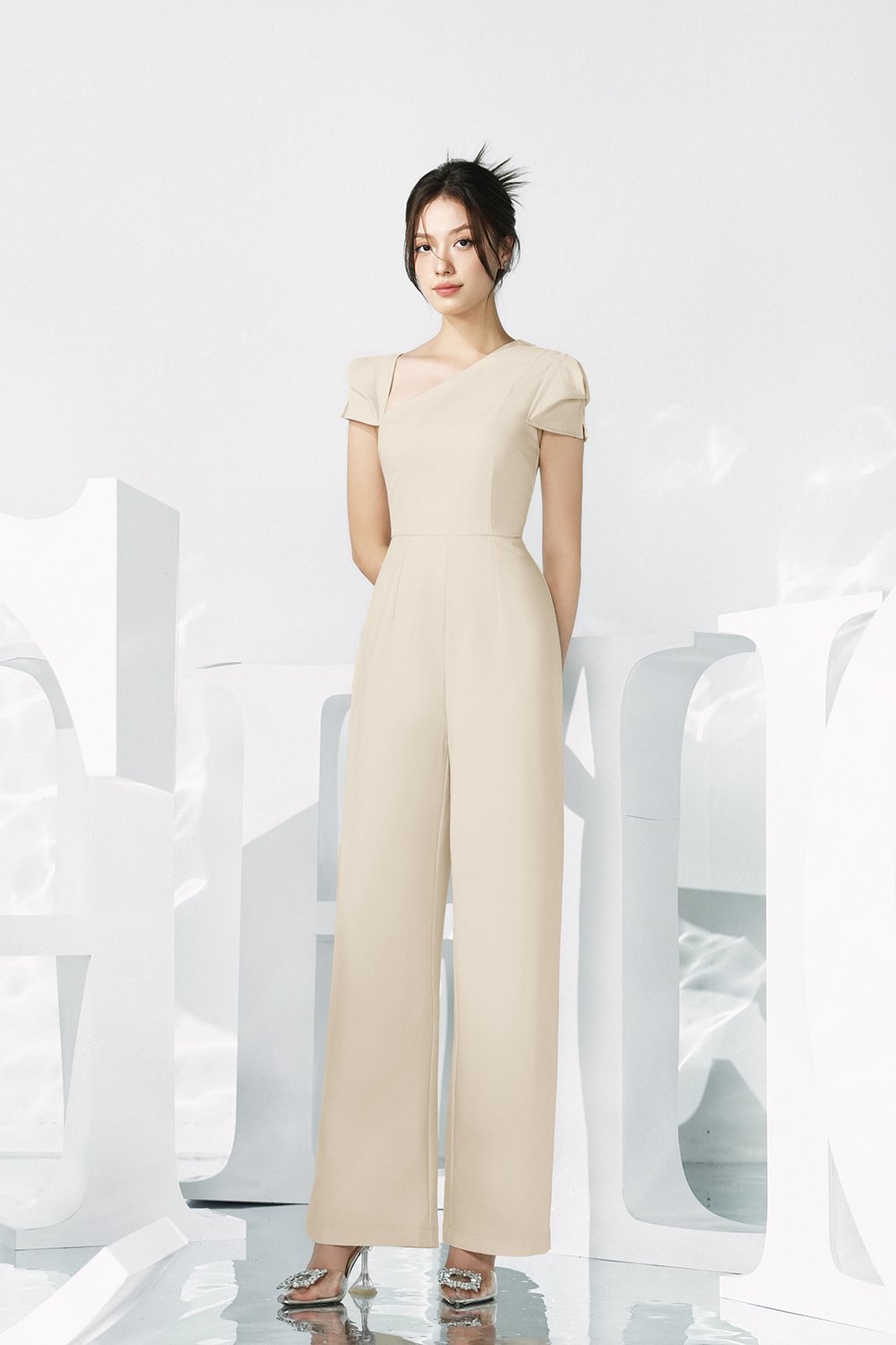 Huxley Asymmetrical Cap Sleeves Jumpsuit in Parchment