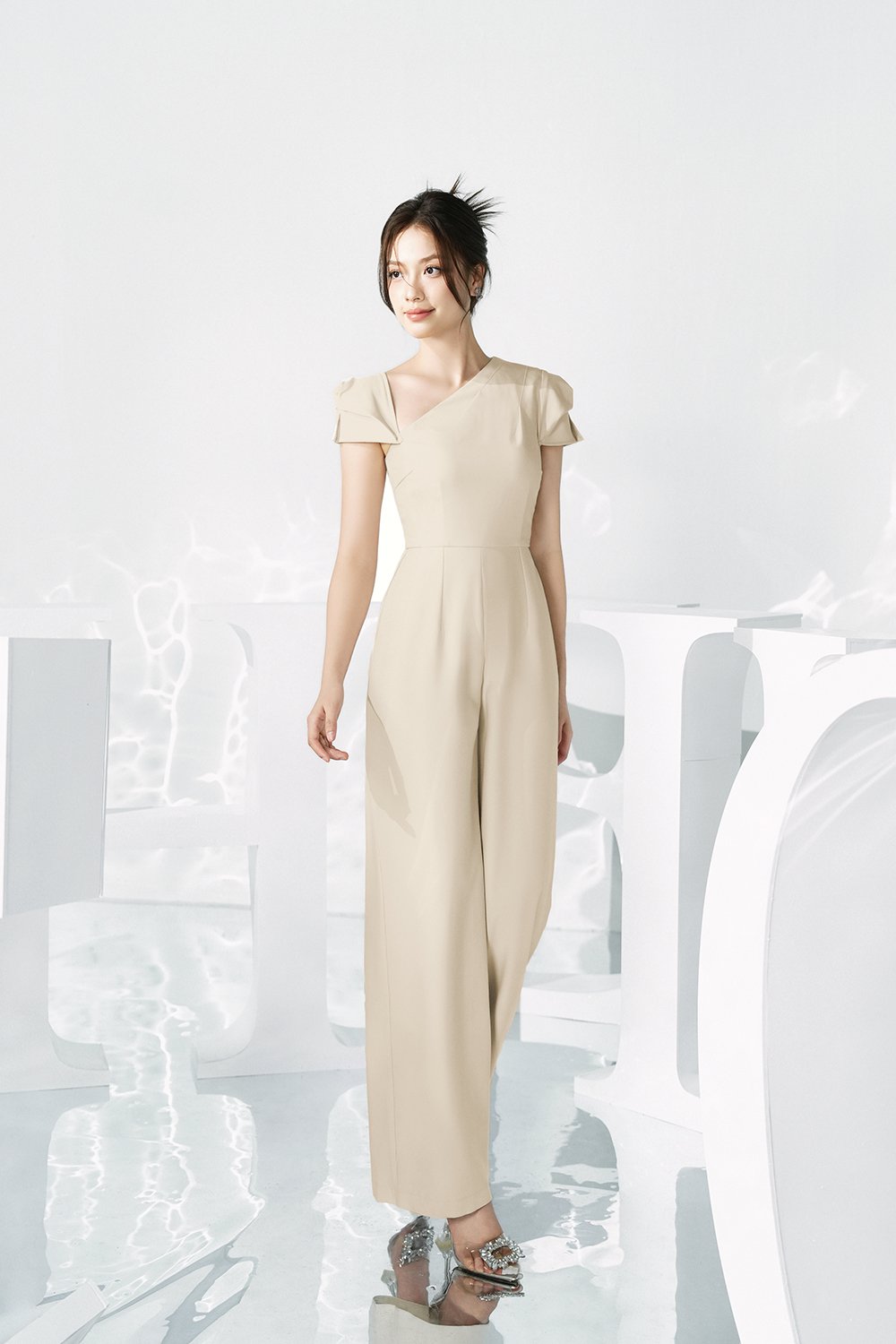 Huxley Asymmetrical Cap Sleeves Jumpsuit in Parchment