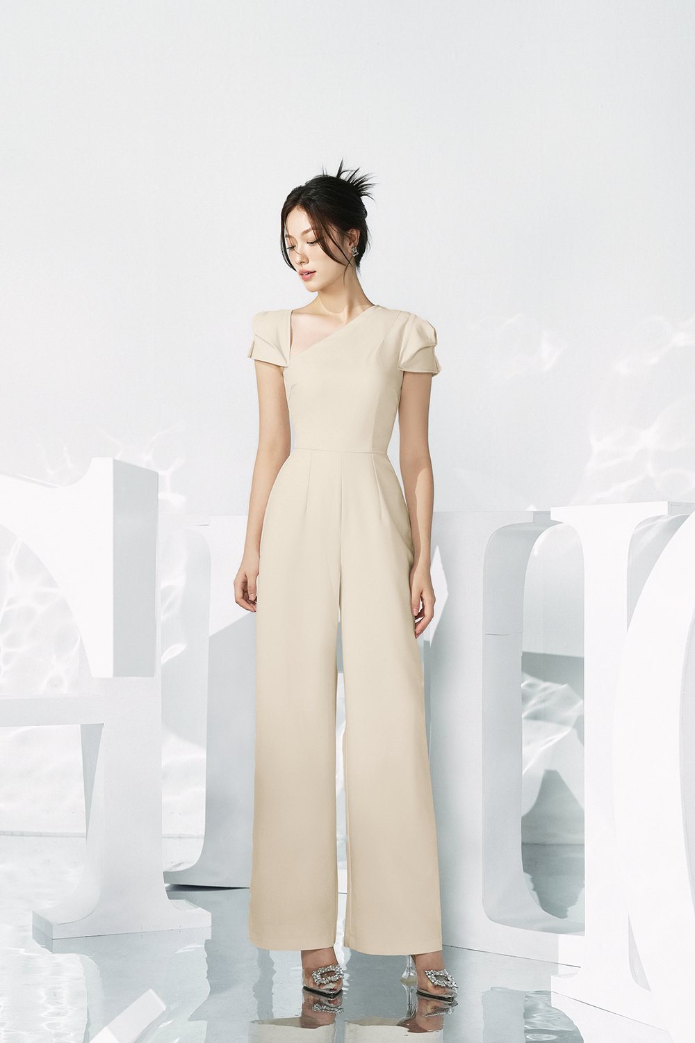 Huxley Asymmetrical Cap Sleeves Jumpsuit in Parchment