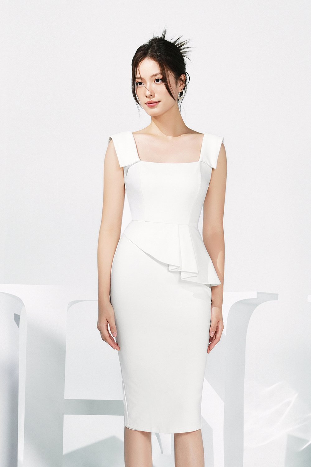 Myla Padded Peplum Pencil Dress in Iconic White