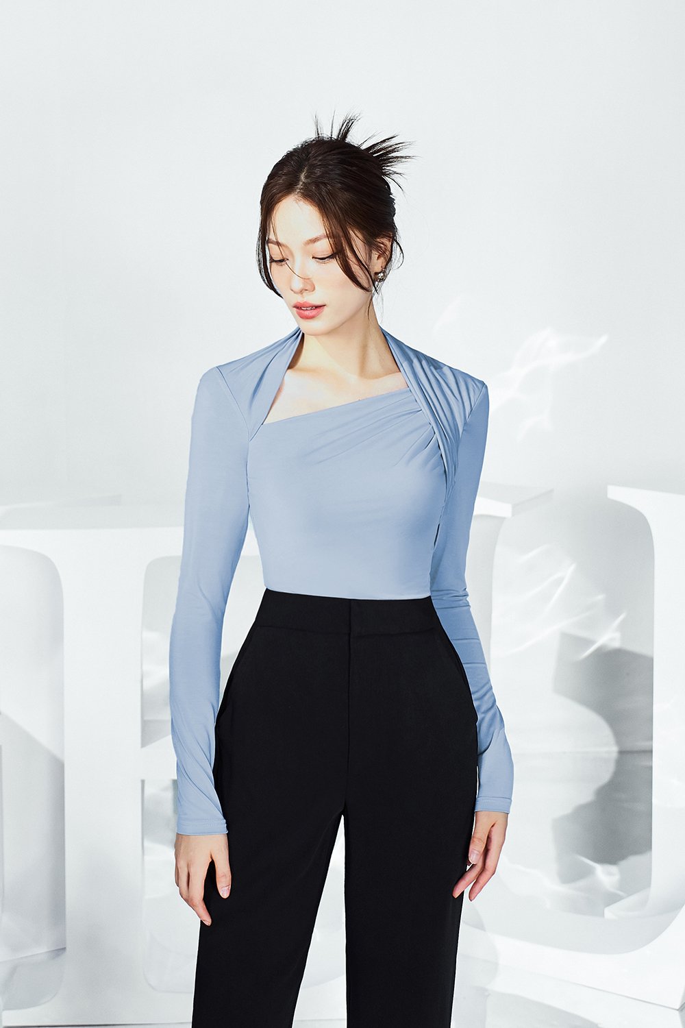 Tyra Asymmetrical Long Sleeves Top in Cerulean Blue