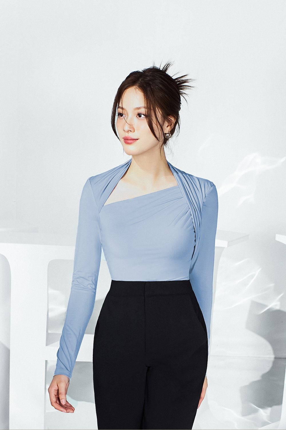 Tyra Asymmetrical Long Sleeves Top in Cerulean Blue
