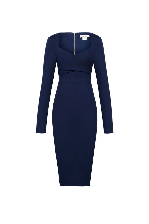 Emberly Shoulder Padded Pencil Dress in Navy Blue