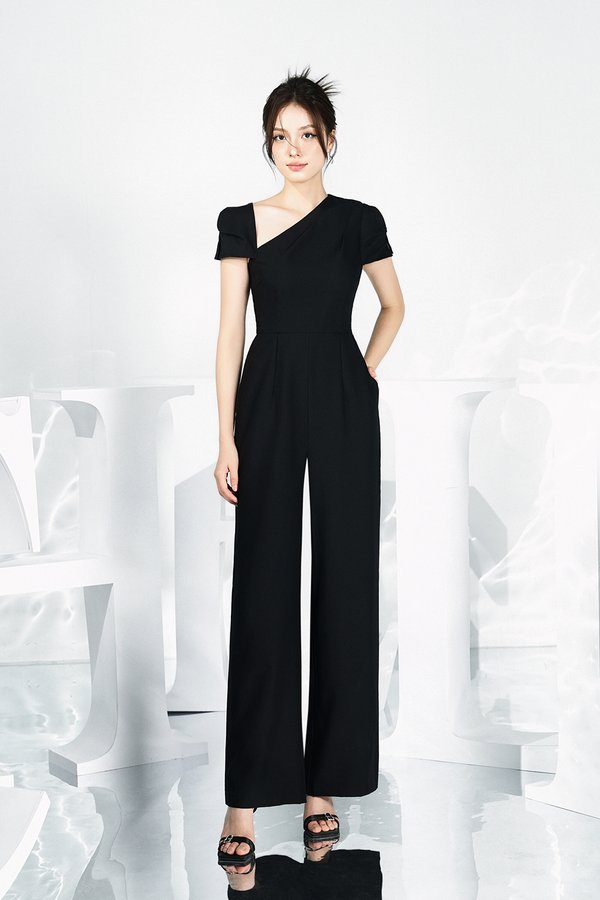 Huxley Asymmetrical Cap Sleeves Jumpsuit in Classic Black