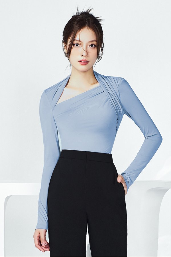 Tyra Asymmetrical Long Sleeves Top in Cerulean Blue