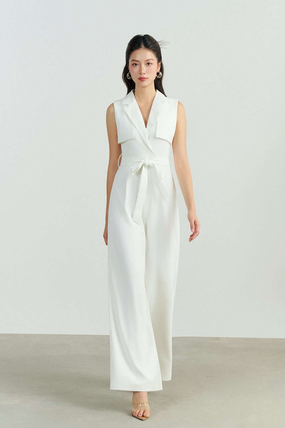 Caprice Trench Sash Belt Jumpsuit in Iconic White