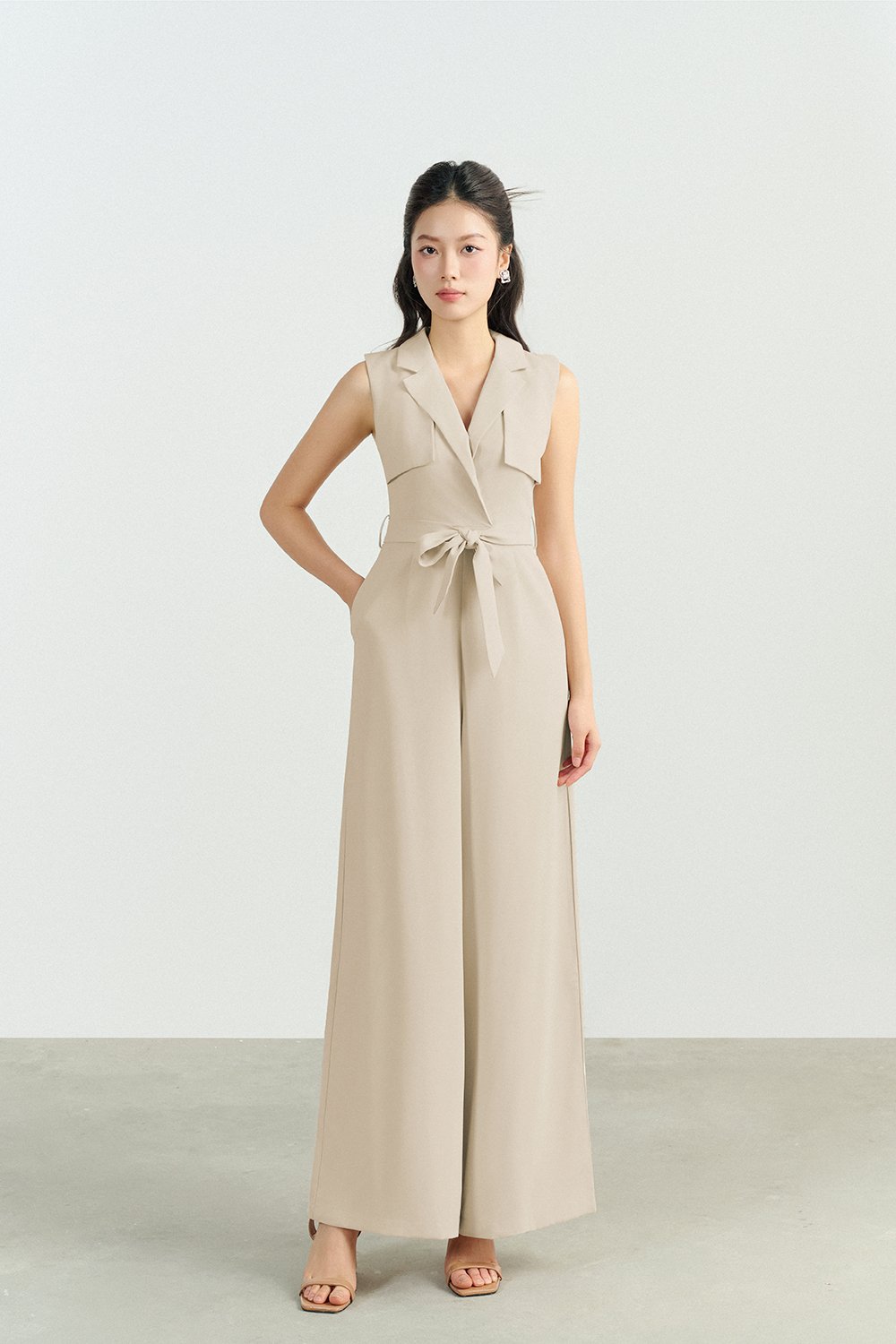 Caprice Trench Sash Belt Jumpsuit in Light Bisque
