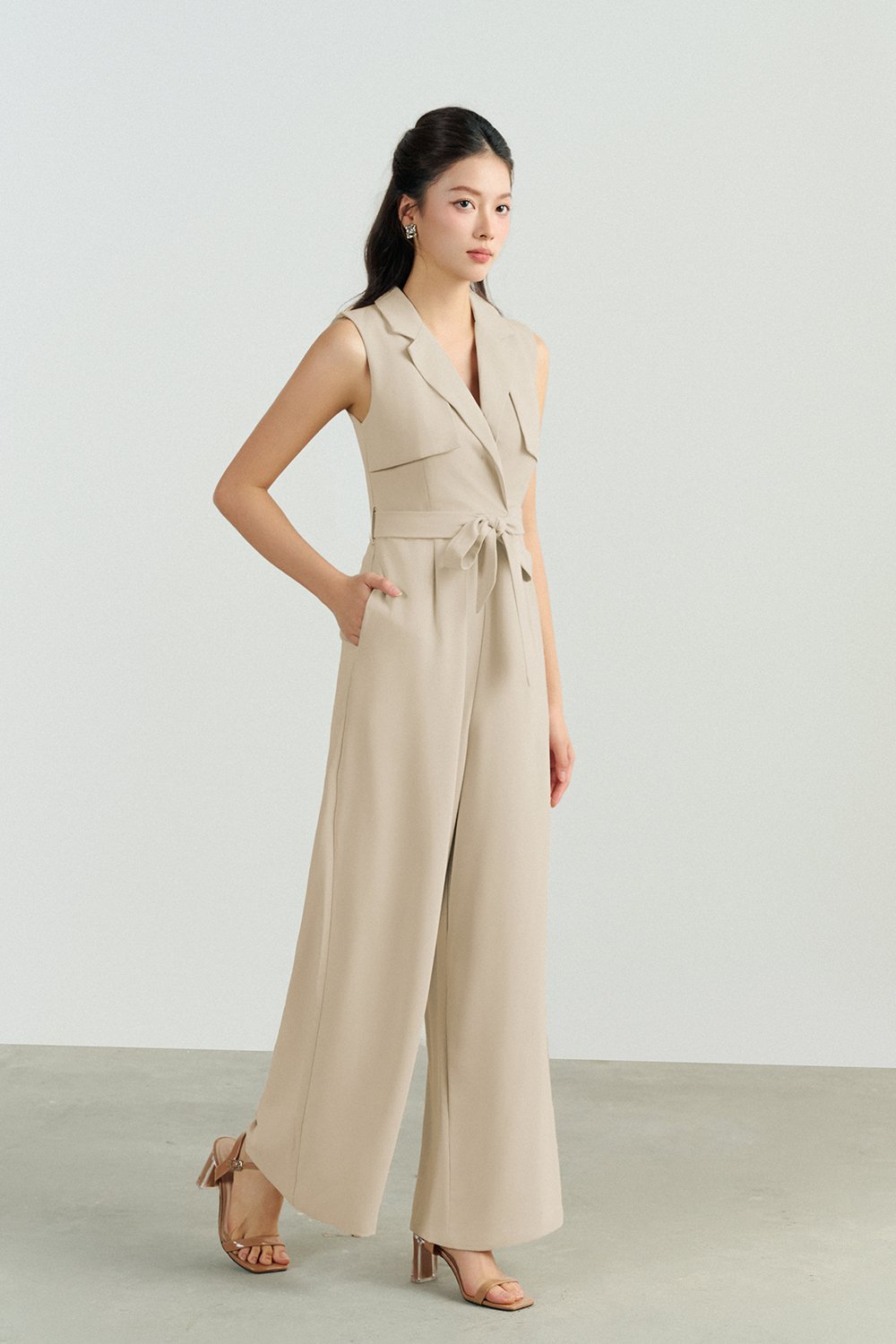 Caprice Trench Sash Belt Jumpsuit in Light Bisque