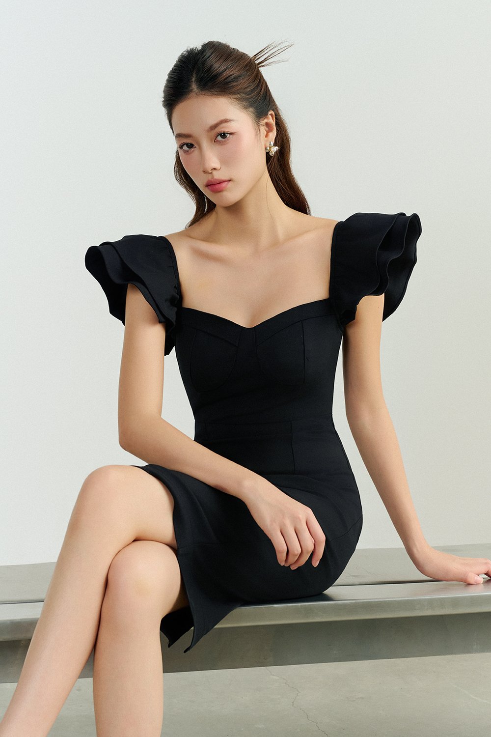 Carol Flutter Shoulder Pencil Dress in Classic Black